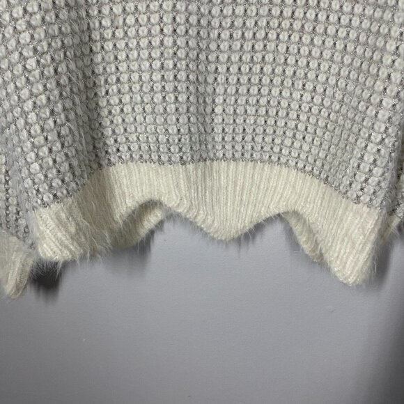 FRNCH Womens Sz S/M Mock Neck Fuzzy Geometric ZigZag Hem Ivory Metallic Sweater - Picture 4 of 9